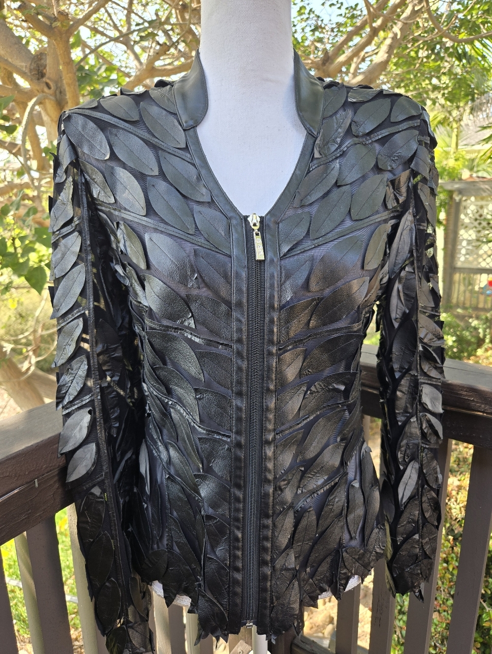 Frank Lyman Womens Black Leaf-Trim Faux Leather Zip Jacket Size 8